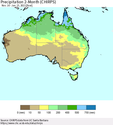 Australia Precipitation 2-Month (CHIRPS) Thematic Map For 11/16/2022 - 1/15/2023