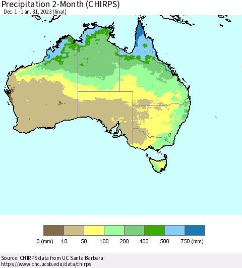 Australia Precipitation 2-Month (CHIRPS) Thematic Map For 12/1/2022 - 1/31/2023