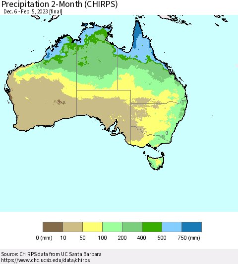 Australia Precipitation 2-Month (CHIRPS) Thematic Map For 12/6/2022 - 2/5/2023