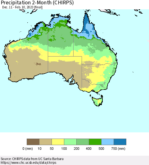 Australia Precipitation 2-Month (CHIRPS) Thematic Map For 12/11/2022 - 2/10/2023