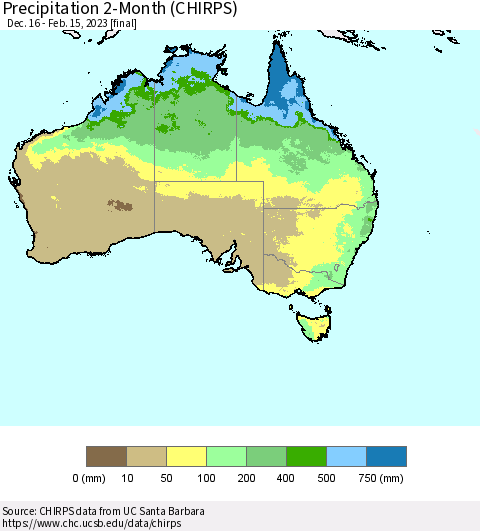 Australia Precipitation 2-Month (CHIRPS) Thematic Map For 12/16/2022 - 2/15/2023