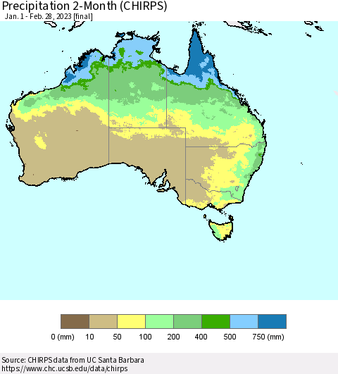 Australia Precipitation 2-Month (CHIRPS) Thematic Map For 1/1/2023 - 2/28/2023