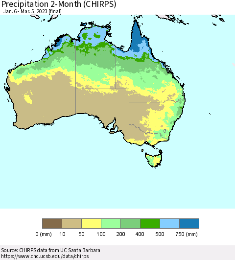 Australia Precipitation 2-Month (CHIRPS) Thematic Map For 1/6/2023 - 3/5/2023