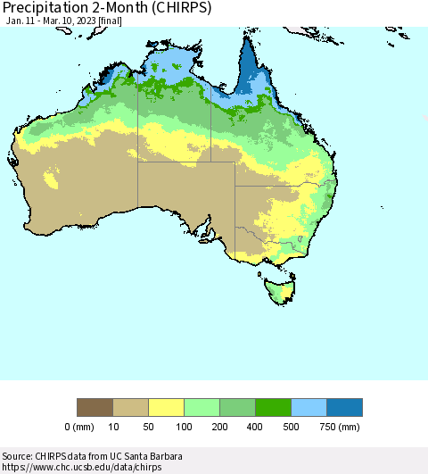 Australia Precipitation 2-Month (CHIRPS) Thematic Map For 1/11/2023 - 3/10/2023