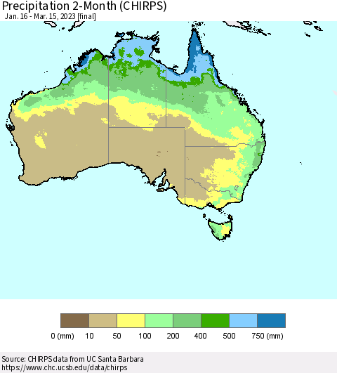 Australia Precipitation 2-Month (CHIRPS) Thematic Map For 1/16/2023 - 3/15/2023