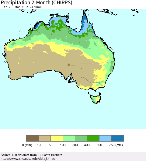 Australia Precipitation 2-Month (CHIRPS) Thematic Map For 1/21/2023 - 3/20/2023