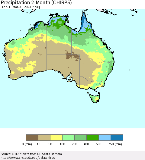 Australia Precipitation 2-Month (CHIRPS) Thematic Map For 2/1/2023 - 3/31/2023