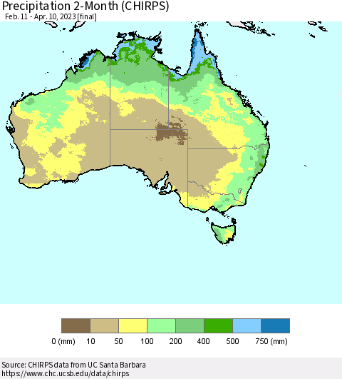 Australia Precipitation 2-Month (CHIRPS) Thematic Map For 2/11/2023 - 4/10/2023