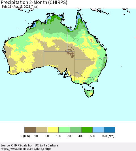 Australia Precipitation 2-Month (CHIRPS) Thematic Map For 2/16/2023 - 4/15/2023