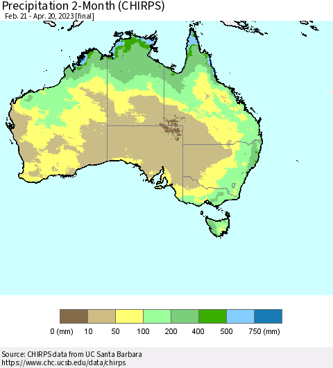 Australia Precipitation 2-Month (CHIRPS) Thematic Map For 2/21/2023 - 4/20/2023