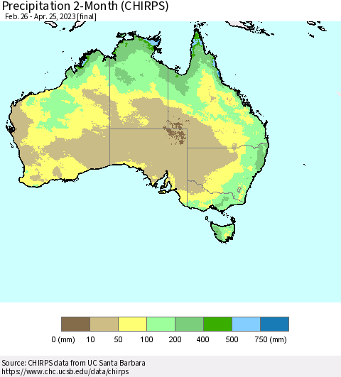 Australia Precipitation 2-Month (CHIRPS) Thematic Map For 2/26/2023 - 4/25/2023