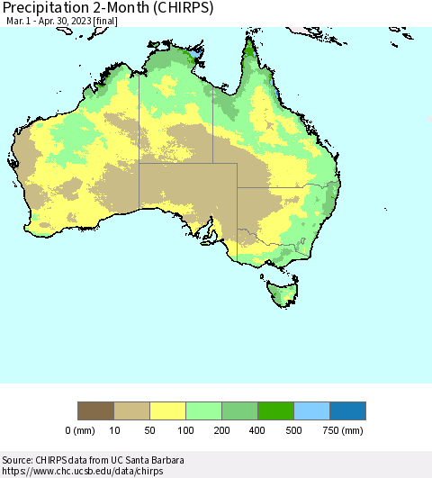 Australia Precipitation 2-Month (CHIRPS) Thematic Map For 3/1/2023 - 4/30/2023