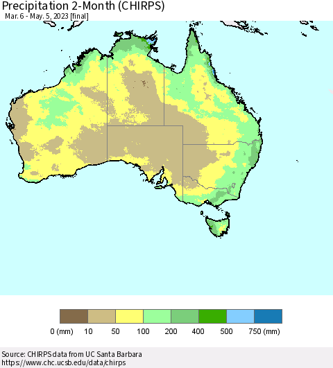 Australia Precipitation 2-Month (CHIRPS) Thematic Map For 3/6/2023 - 5/5/2023