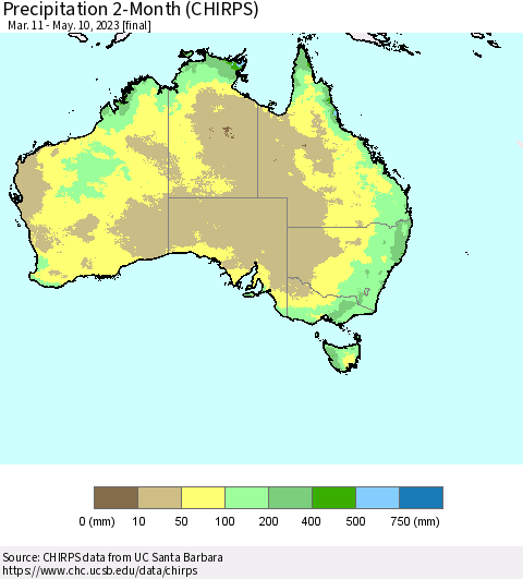 Australia Precipitation 2-Month (CHIRPS) Thematic Map For 3/11/2023 - 5/10/2023