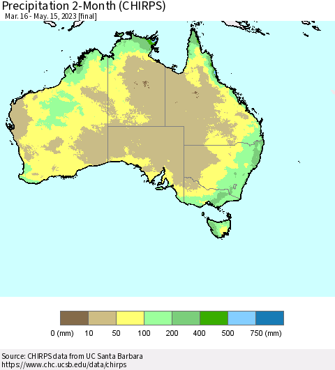 Australia Precipitation 2-Month (CHIRPS) Thematic Map For 3/16/2023 - 5/15/2023