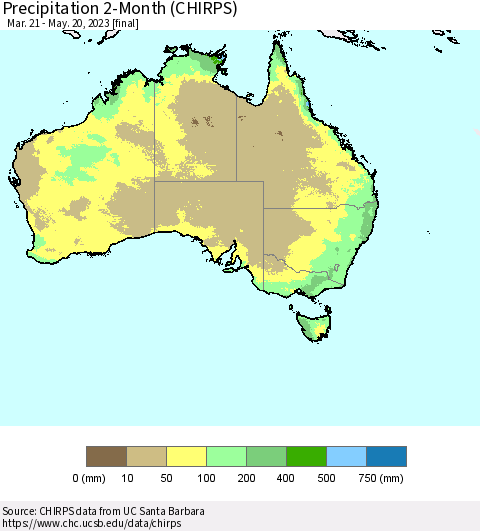 Australia Precipitation 2-Month (CHIRPS) Thematic Map For 3/21/2023 - 5/20/2023