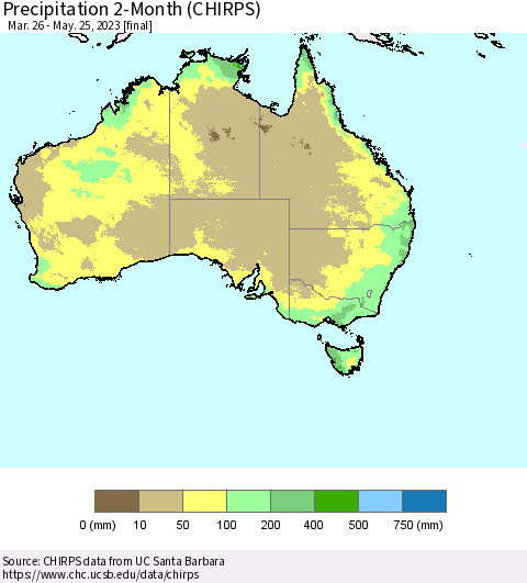 Australia Precipitation 2-Month (CHIRPS) Thematic Map For 3/26/2023 - 5/25/2023