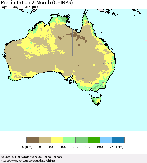 Australia Precipitation 2-Month (CHIRPS) Thematic Map For 4/1/2023 - 5/31/2023