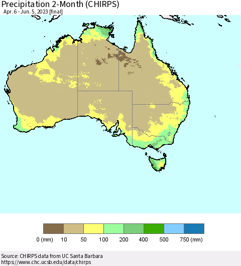 Australia Precipitation 2-Month (CHIRPS) Thematic Map For 4/6/2023 - 6/5/2023