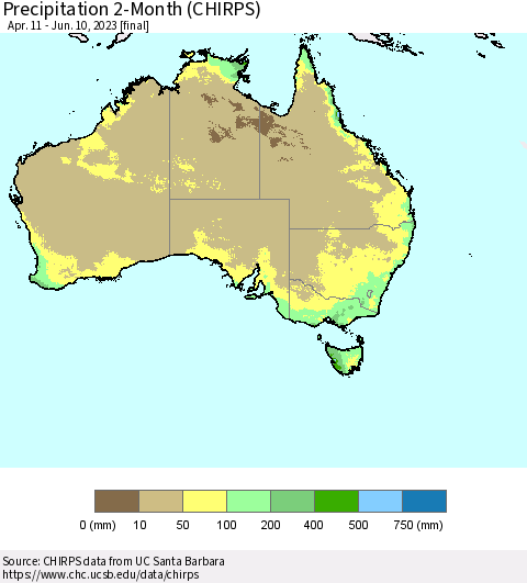 Australia Precipitation 2-Month (CHIRPS) Thematic Map For 4/11/2023 - 6/10/2023