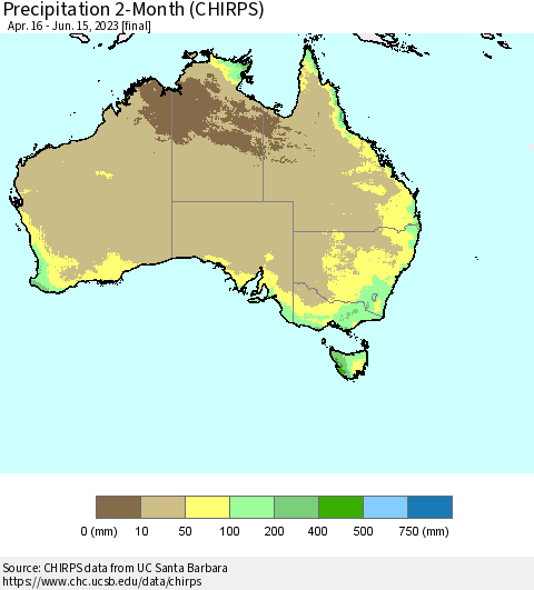 Australia Precipitation 2-Month (CHIRPS) Thematic Map For 4/16/2023 - 6/15/2023