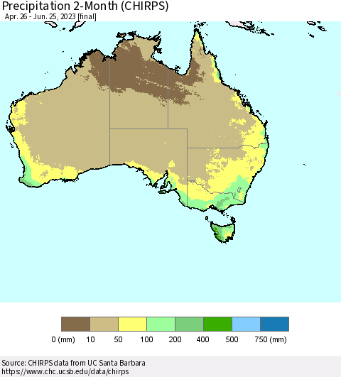 Australia Precipitation 2-Month (CHIRPS) Thematic Map For 4/26/2023 - 6/25/2023