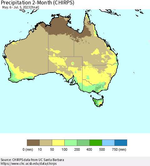 Australia Precipitation 2-Month (CHIRPS) Thematic Map For 5/6/2023 - 7/5/2023