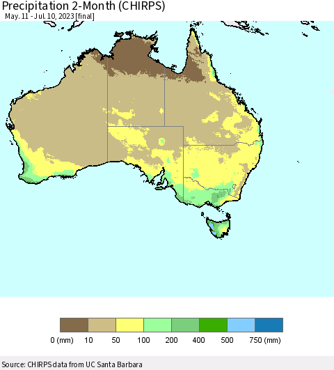 Australia Precipitation 2-Month (CHIRPS) Thematic Map For 5/11/2023 - 7/10/2023