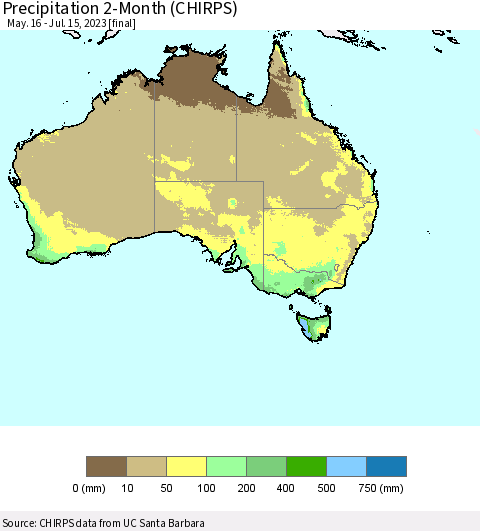 Australia Precipitation 2-Month (CHIRPS) Thematic Map For 5/16/2023 - 7/15/2023
