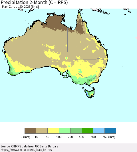 Australia Precipitation 2-Month (CHIRPS) Thematic Map For 5/21/2023 - 7/20/2023
