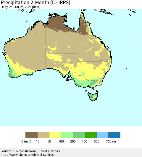 Australia Precipitation 2-Month (CHIRPS) Thematic Map For 5/26/2023 - 7/25/2023