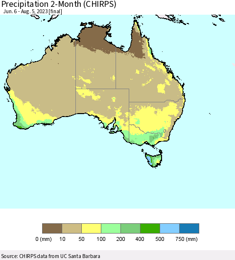 Australia Precipitation 2-Month (CHIRPS) Thematic Map For 6/6/2023 - 8/5/2023