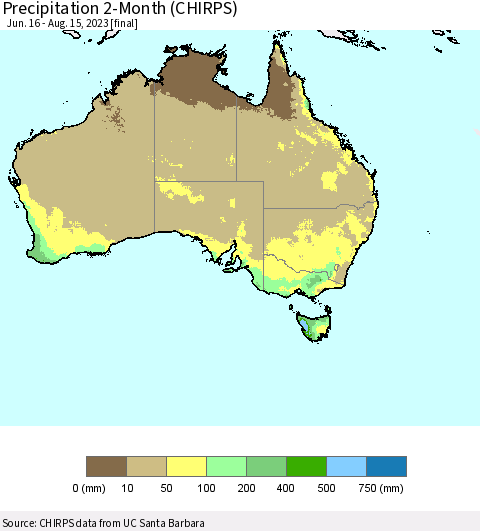 Australia Precipitation 2-Month (CHIRPS) Thematic Map For 6/16/2023 - 8/15/2023