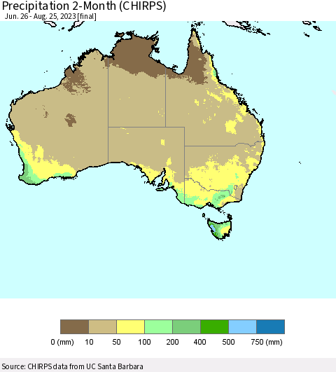 Australia Precipitation 2-Month (CHIRPS) Thematic Map For 6/26/2023 - 8/25/2023
