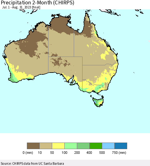 Australia Precipitation 2-Month (CHIRPS) Thematic Map For 7/1/2023 - 8/31/2023