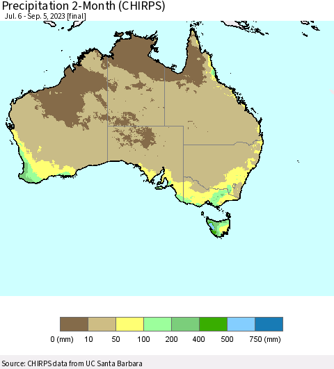 Australia Precipitation 2-Month (CHIRPS) Thematic Map For 7/6/2023 - 9/5/2023