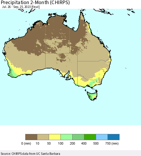 Australia Precipitation 2-Month (CHIRPS) Thematic Map For 7/26/2023 - 9/25/2023