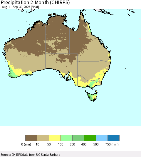 Australia Precipitation 2-Month (CHIRPS) Thematic Map For 8/1/2023 - 9/30/2023