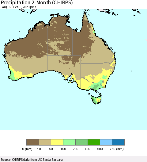 Australia Precipitation 2-Month (CHIRPS) Thematic Map For 8/6/2023 - 10/5/2023