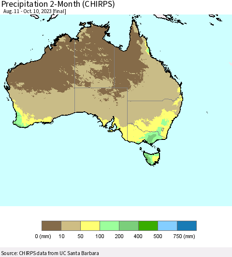 Australia Precipitation 2-Month (CHIRPS) Thematic Map For 8/11/2023 - 10/10/2023