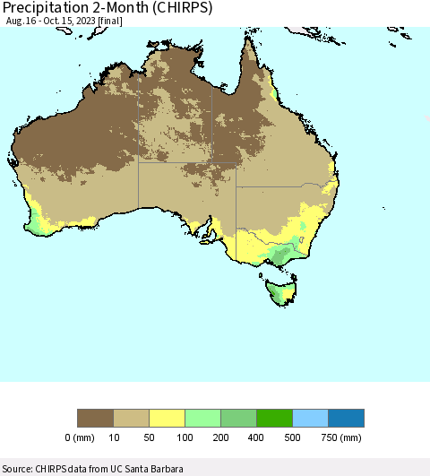 Australia Precipitation 2-Month (CHIRPS) Thematic Map For 8/16/2023 - 10/15/2023