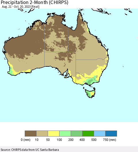 Australia Precipitation 2-Month (CHIRPS) Thematic Map For 8/21/2023 - 10/20/2023