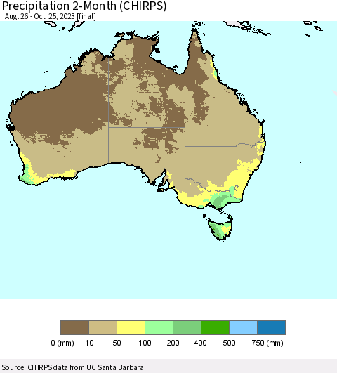Australia Precipitation 2-Month (CHIRPS) Thematic Map For 8/26/2023 - 10/25/2023