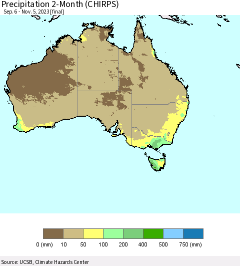 Australia Precipitation 2-Month (CHIRPS) Thematic Map For 9/6/2023 - 11/5/2023