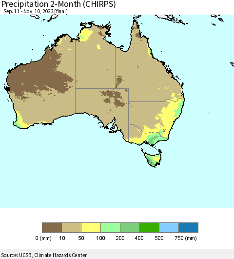 Australia Precipitation 2-Month (CHIRPS) Thematic Map For 9/11/2023 - 11/10/2023