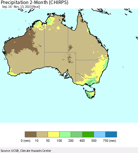Australia Precipitation 2-Month (CHIRPS) Thematic Map For 9/16/2023 - 11/15/2023