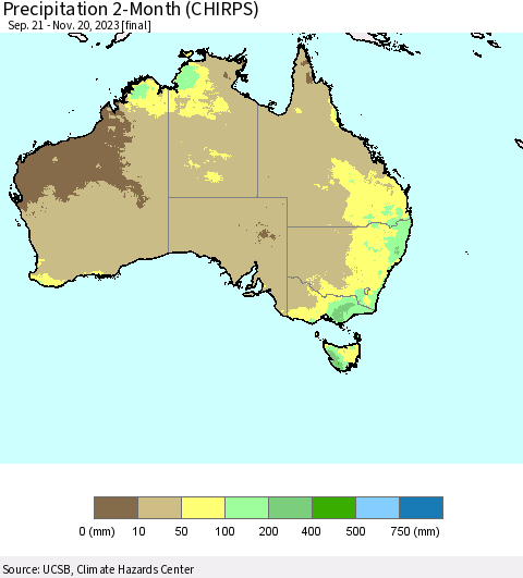 Australia Precipitation 2-Month (CHIRPS) Thematic Map For 9/21/2023 - 11/20/2023