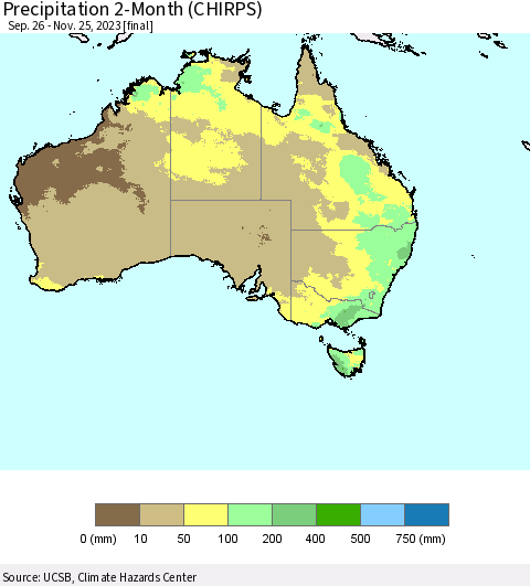 Australia Precipitation 2-Month (CHIRPS) Thematic Map For 9/26/2023 - 11/25/2023