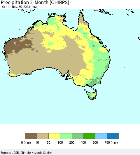 Australia Precipitation 2-Month (CHIRPS) Thematic Map For 10/1/2023 - 11/30/2023