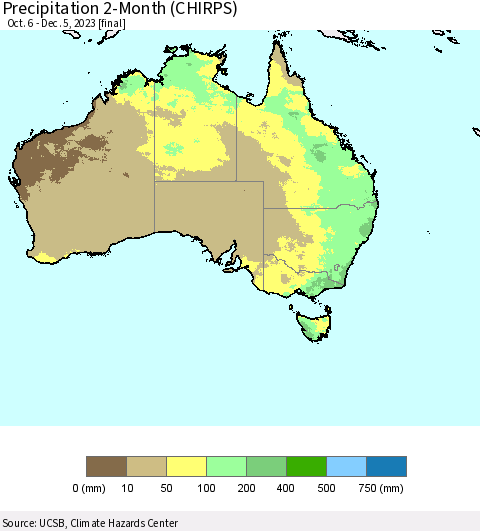Australia Precipitation 2-Month (CHIRPS) Thematic Map For 10/6/2023 - 12/5/2023